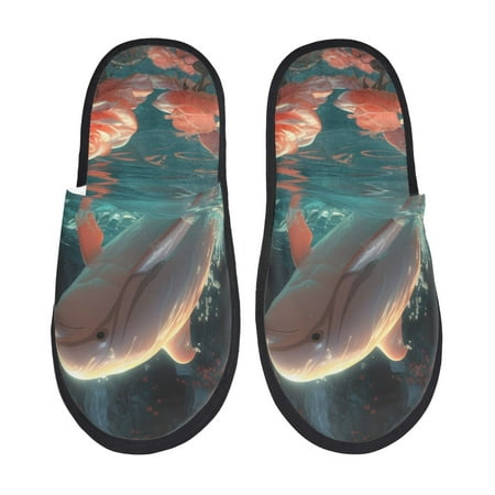 Balery Flower White Dolphin Slient Indoor Furry Fleece Comfort House Shoes Soft Non-Slip Home Shoes Cotton slippers House Slippers-- Medium