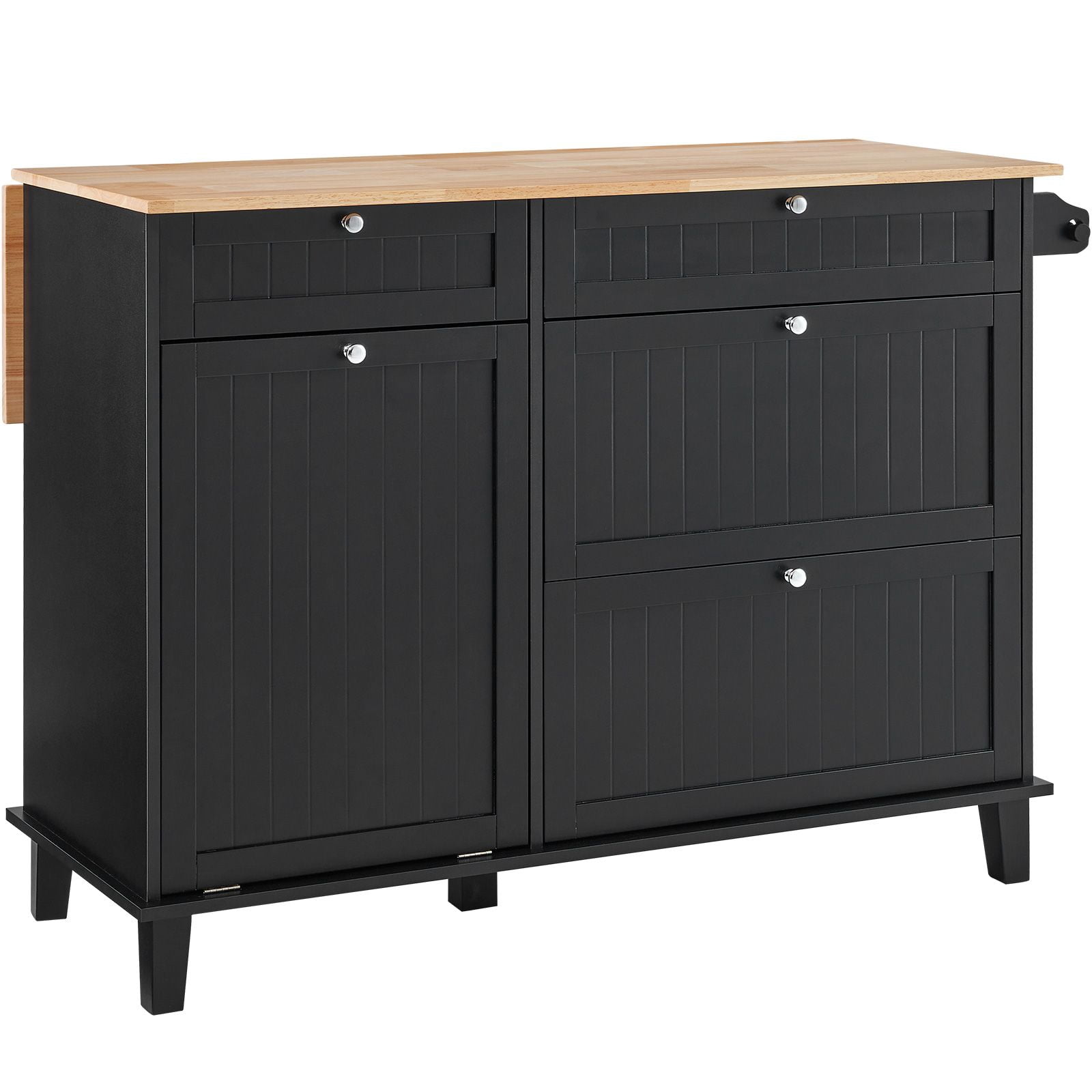 Kitchen Island Cart on Wheels with Storage Cabinet, 2 Drawers, Built-in Trash Bin Cabinet, Wood Countertop, Butcher Block Serving Cart, Mobile Workstation with Shelves