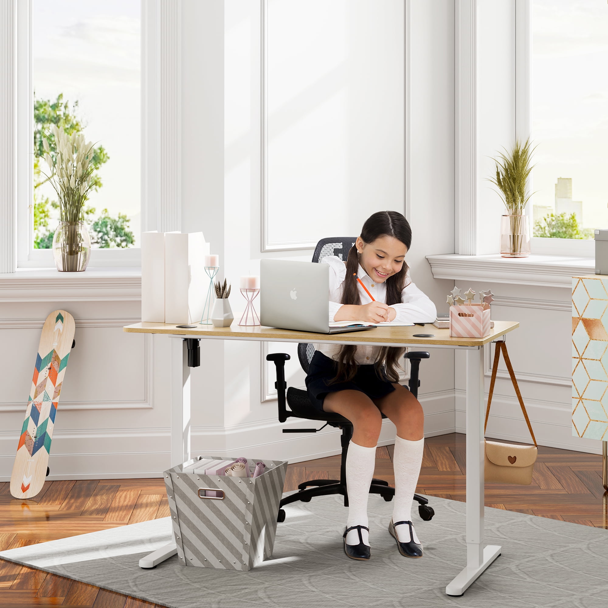 Walsunny Electric Standing Desk, Adjustable Height Gaming Desk, 48 x 24 Inches Ergonomic Stand Desk with Electric Lift, Home Office Desk with White Frame/Walnut Top