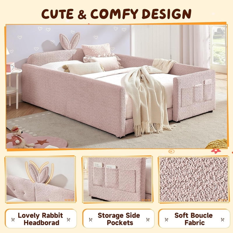 Full Size Upholstered Platform Bed with Rabbit Ear Shaped Headboard, Boucle Fabric Kids Bed with Side Pockets and Safety Guardrail, Space-Saving Corner Bed for Girls, Boys, Teenager