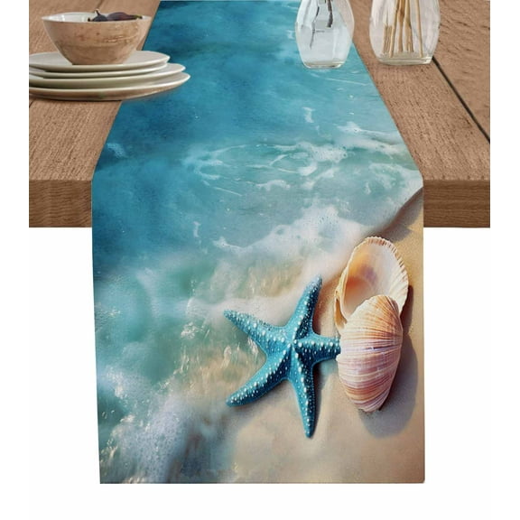 Table Runner Dresser Scarf 13 x 120 Inch Ocean Waves Beach Shells Starfish Coastal Summer Table Runners Non-Slip Heat Kitchen Dining Table Decor for Indoor Outdoor Home Party Decoration