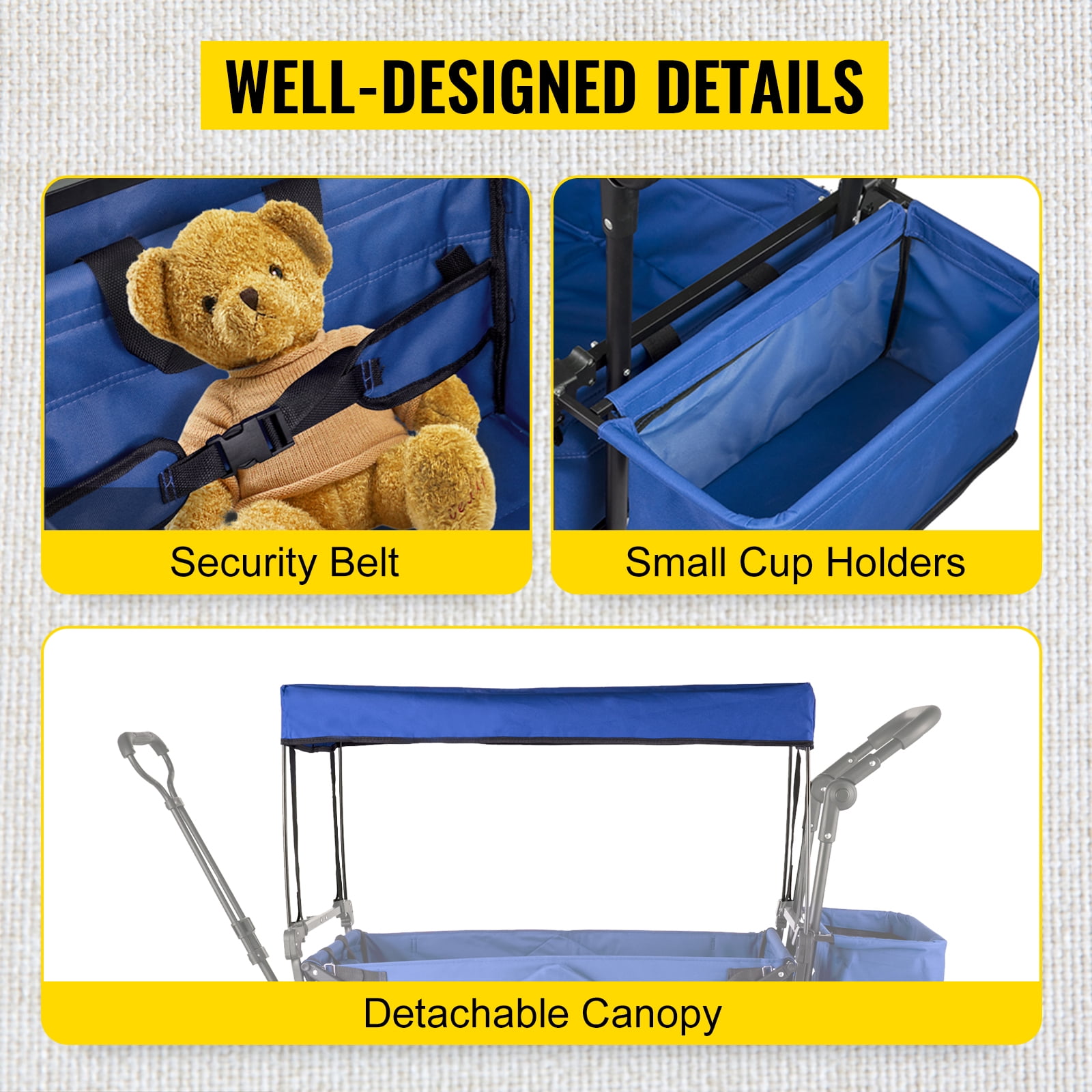 KFFKFF Collapsible Wagon Cart with Removable Canopy, Portable Folding Utility Garden Cart 600D Oxford Cloth Foldable Beach Wagon Cart w/ Oversized Wheels, Adjustable Handles, Rear Storage (Blue)