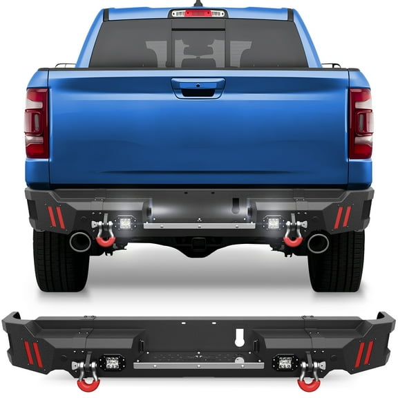 POFENZE For 2019 2020 2021 2022 2023 2024 2025 Dodge Ram 1500 Rear Bumper Black Truck Bumper with Step Plate, Lights, Sensor Holes(Exclude Classic)
