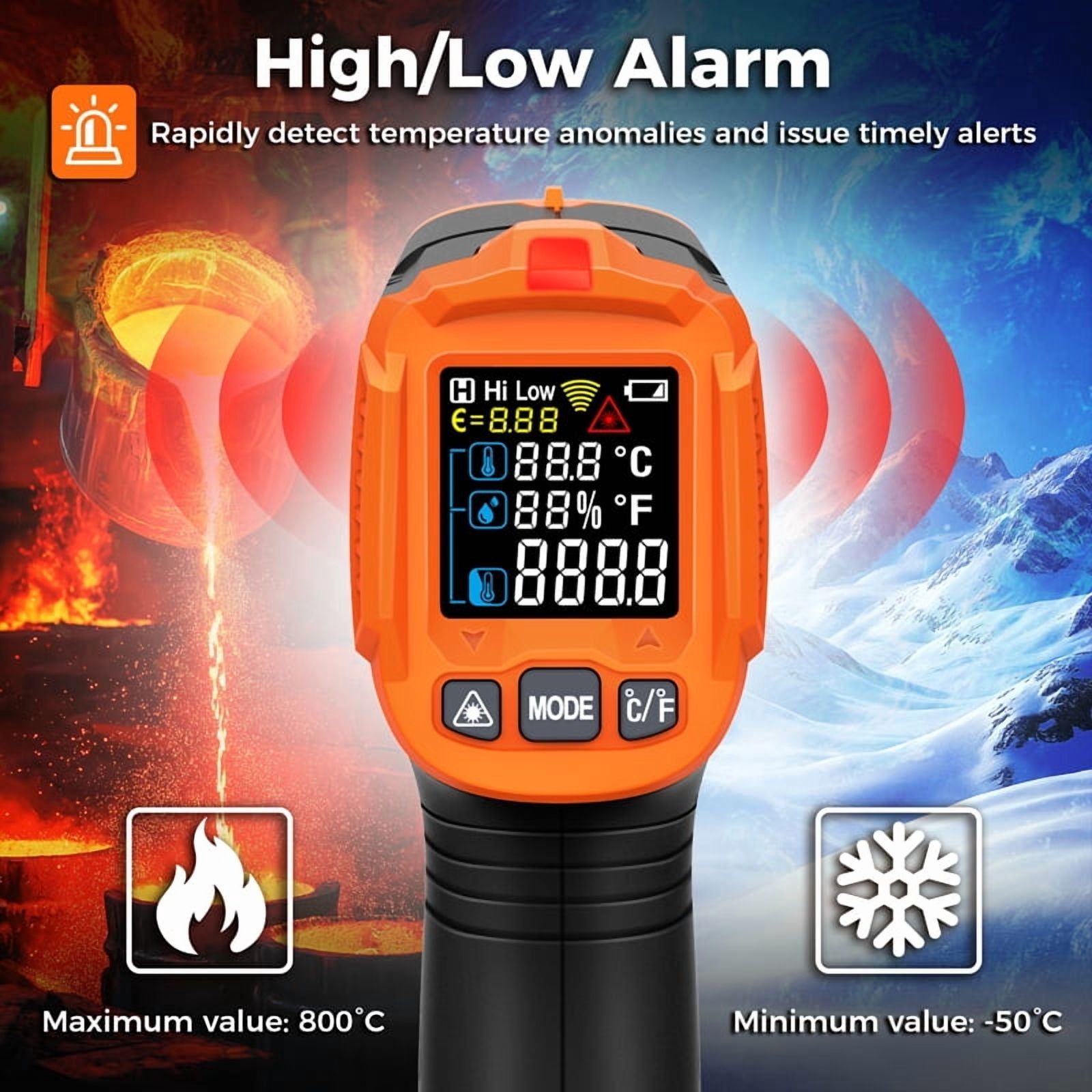 Smart Infrared Thermometer -50℃ to 380℃ Infrared Sensor Ambient Temperature Measurement Non-contact IR Thermometer High/Low Alarm