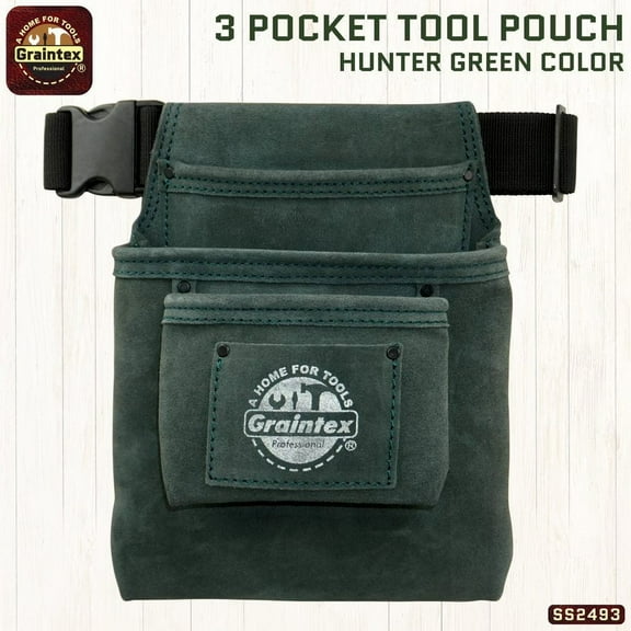 Graintex SS2493 :: 3 POCKET NAIL & TOOL POUCH HUNTER GREEN COLOR SUEDE LEATHER WITH BELT