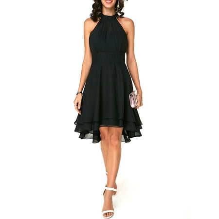 - Women Halter Neck Ruffled Sleeveless Solid Chiffon Formal Cocktail Party Evening Gown Dresses