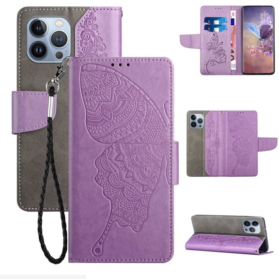 Nalacover Wallet Case for iPhone 14 Pro, Butterfly Embossed Pattern Luxury PU Leather Magnetic Flip Folio Cover with Card Slots Holder Kickstand Wrist Strap Soft Silicone Shockproof Case,Purple