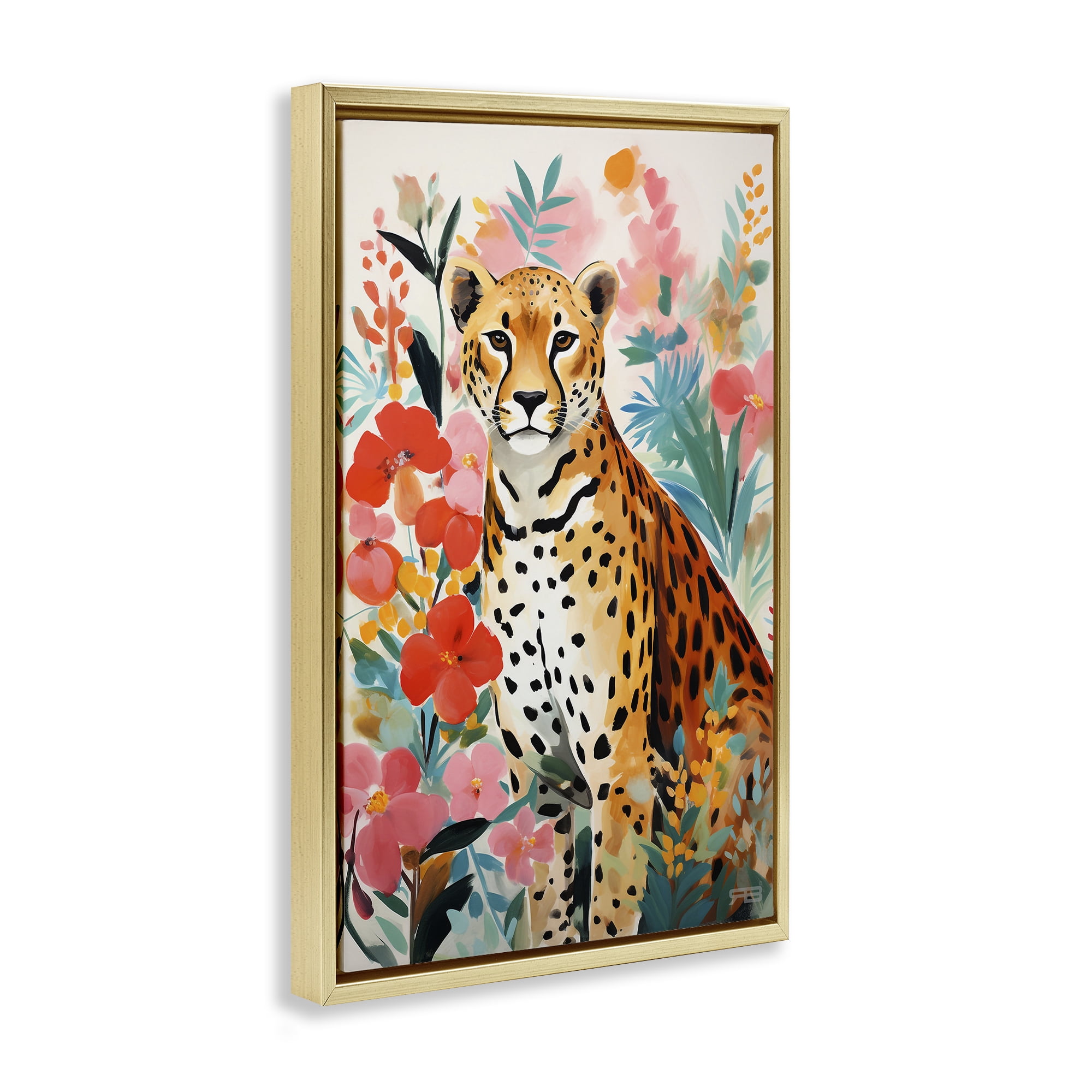 Stupell Industries Floral Adorned Leopard Animals & Insects Painting Gold Floater Framed Canvas Art Print Wall Art, 17 x 25