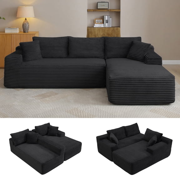 108” Cloud Sectional Couch, Compressed Modular Sectional Sofa with Deep Seat, 3-Seat Corduroy Boneless Couche, L-Shaped Sectional Couches for Living Room, Right Facing Chaise, Black
