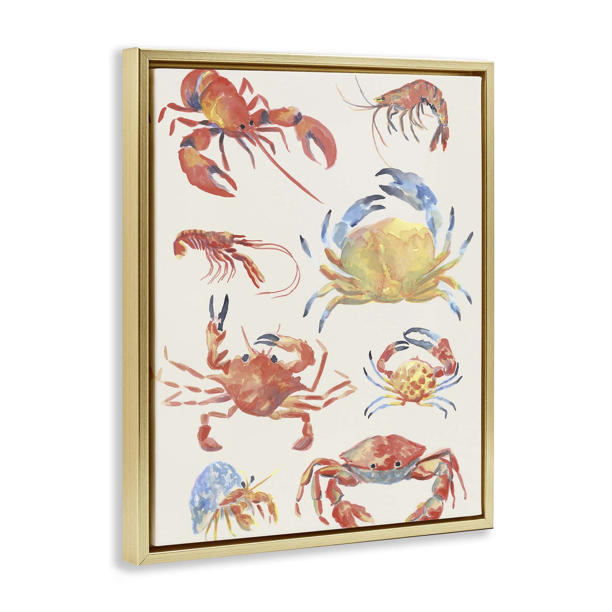 Stupell Industries Crab & Crustacean Collection Gold Framed Floater Canvas Wall Art, design by June Erica Vess