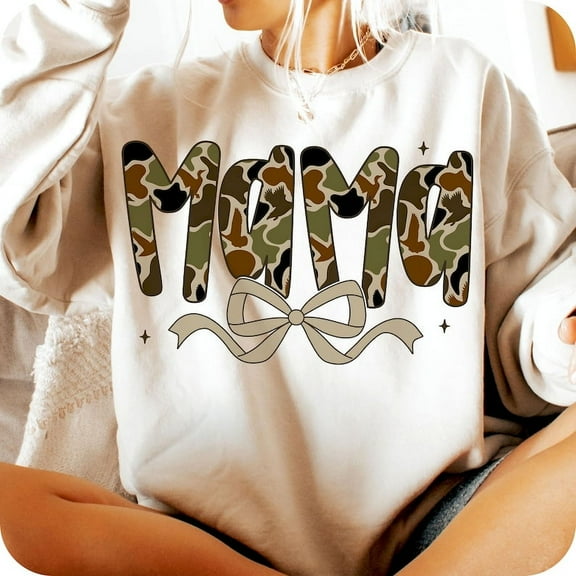 Camo Duck Mama Sweatshirt, Preppy Camouflage Bow Crewneck, Duck Hunting Mom Shirt, Coquette Outdoor Pullover