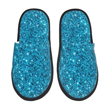 Balery Blue Glitter Slient Indoor Furry Fleece Comfort House Shoes Soft Non-Slip Home Shoes Cotton slippers House Slippers-- Medium