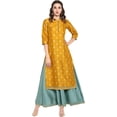 thumbnail image 3 of Janasya Summer Boho Round Neck Short Sleeve Floral Mustard Poly Georgette Flowy Midi Dress For Women, 3 of 9