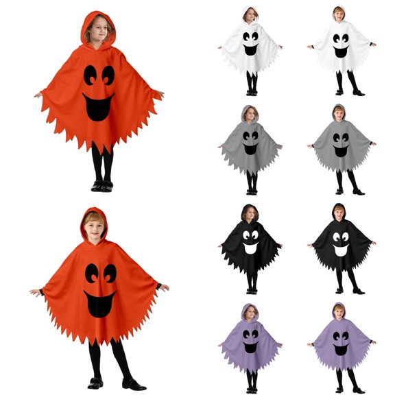 Arlun Kids Funny Ghost Face Hooded Cape Fashion Spooky Print Loose Sawtooth Hem Knee Length Halloween Capes for Stage Performance and Dress up Cosplay Party G-White XS
