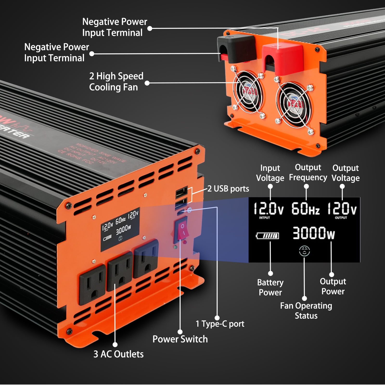 3000 Watt Power Inverter  12V DC to 110V/120V AC Converter Car Inverter with LCD Display & Remote Control