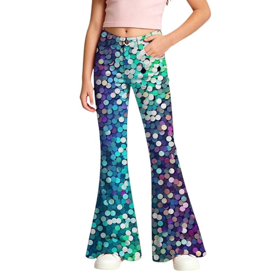 Tfken Child Soft Comfy Pants School Daily Wear Flare Pants Girls With Pockets Stretch Fashion Sequins Kids Breathable Clothes Size 5-6 Years Blue