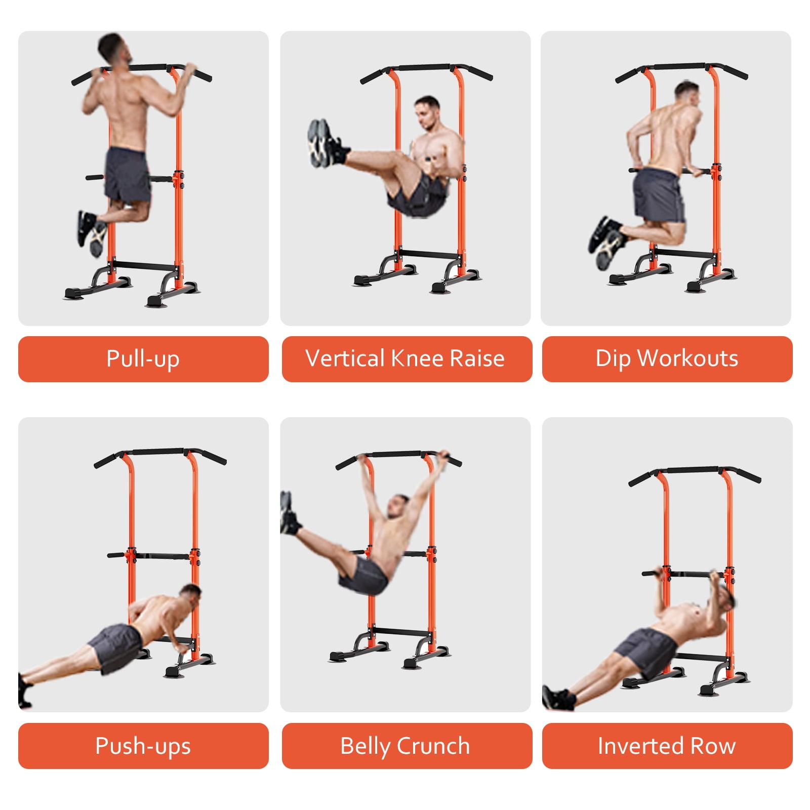 PROHIKER Power Tower Dip Station, Pull Up Bar Stand Power Rack with Backrest, Height Adjustable Strength Training Equipment for Fitness Home Workout, Orange