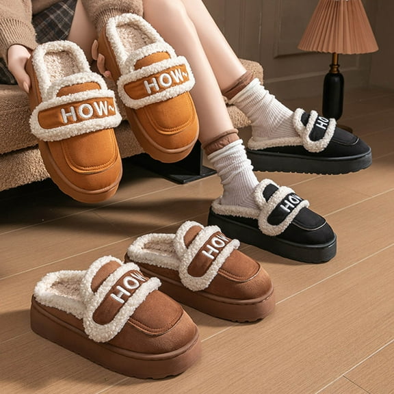 Kilaqueen Suede Slippers for Women Letter Fuzzy Womens Clogs Hook and Loop House Shoes Winter Warm Slippers with Memory Foam Anti-Skid Sole Indoor Outdoor