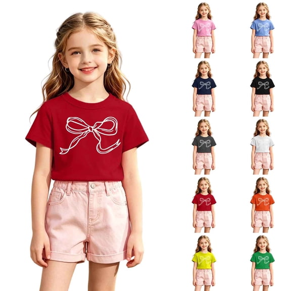 Bainana Summer T Shirts For Girls Bowknot Print Short Sleeve Graphic Tees Comfortable Casual Teen Kids Outdoor Play Crew Neck Tshirts Size 1-14 Years