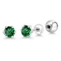 Gem Stone King Platinum Green Simulated Emerald Stud Earrings for Women Men (1.54 Cttw, Round 6MM)