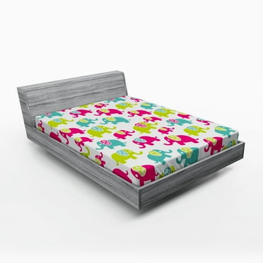 Ambesonne Animal Cartoon Fitted Sheet, Joyous, Queen Size, Green Blue Pink