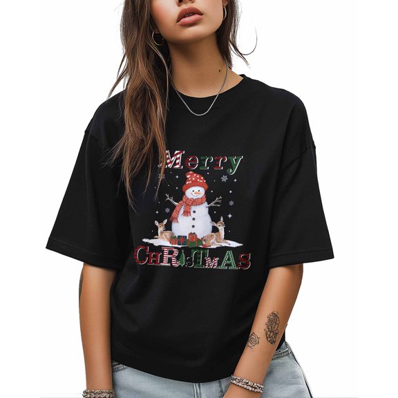 T Shirts for Women Short Sleeve Cotton Crewneck T-Shirt, Merry Christmas Snowman with Deer Tee Tops Casual Basic T-Shirts, XS-5XL Black S
