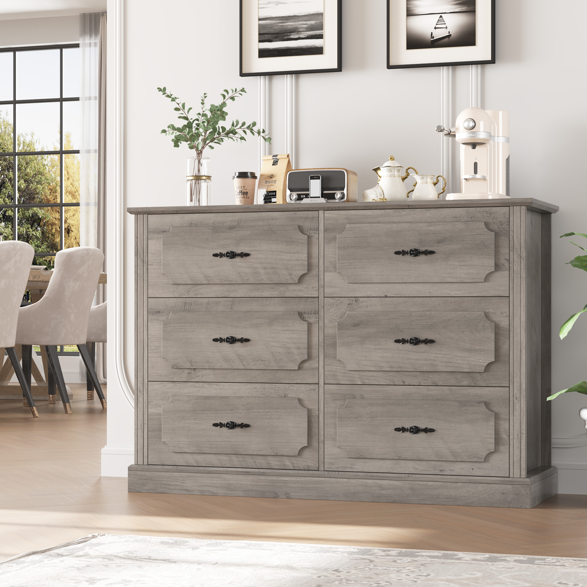 Homfa 6 Drawer Double Bedroom Dresser, Vintage Wood Storage Cabinet Large Drawer Chest for Living Room, Easy to Clean Top, Wash Gray - image 3 of 7