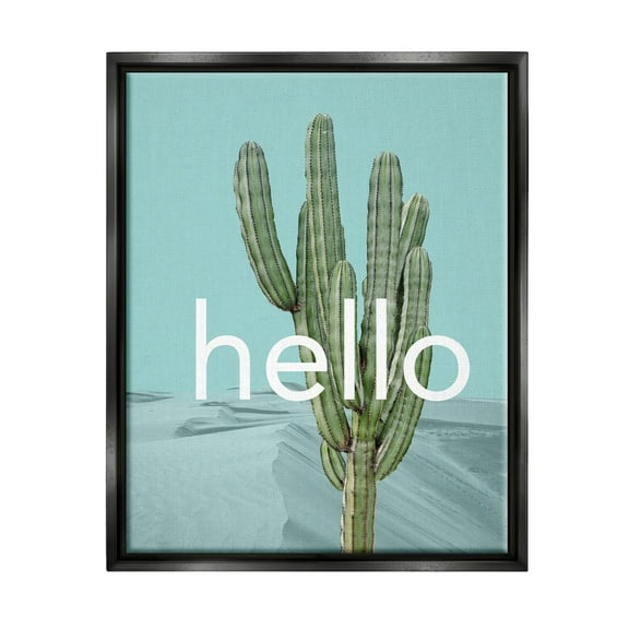 Stupell Industries Bold Hello Cactus Greeting Blue Desert Dunes Graphic Art Jet Black Floating Framed Canvas Print Wall Art, Design by J. Weiss