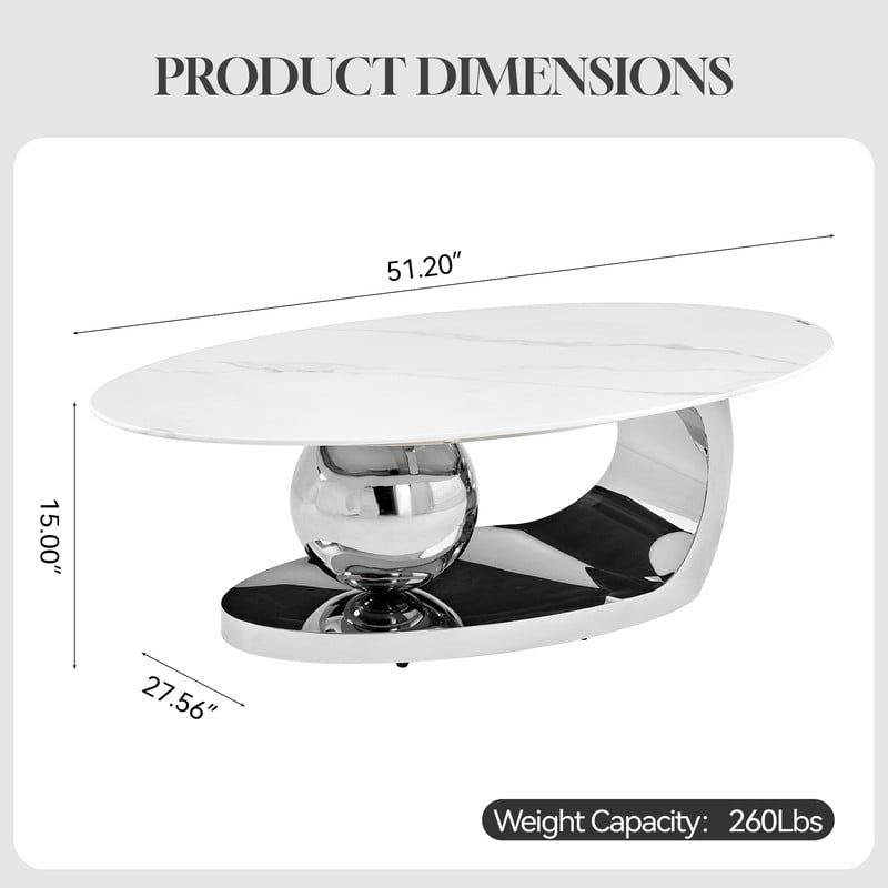 51.2-Inch Oval Faux Marble Top Center Coffee Table, Living Room End Table with C-Shaped Stainless Steel Base