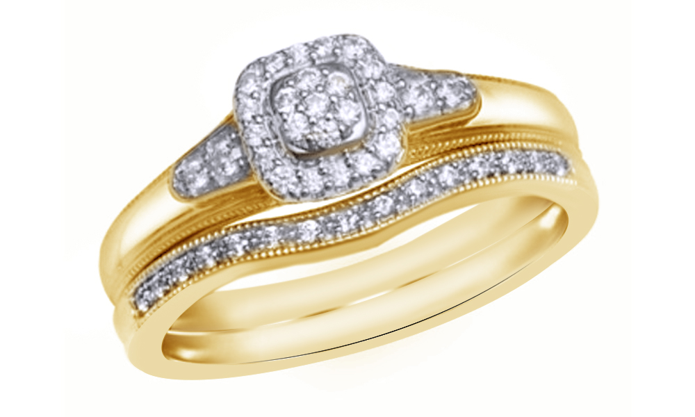 AFFY White Natural Diamond Square Cluster Frame Bridal Ring Set In 10k Yellow Gold (0.2 Cttw)