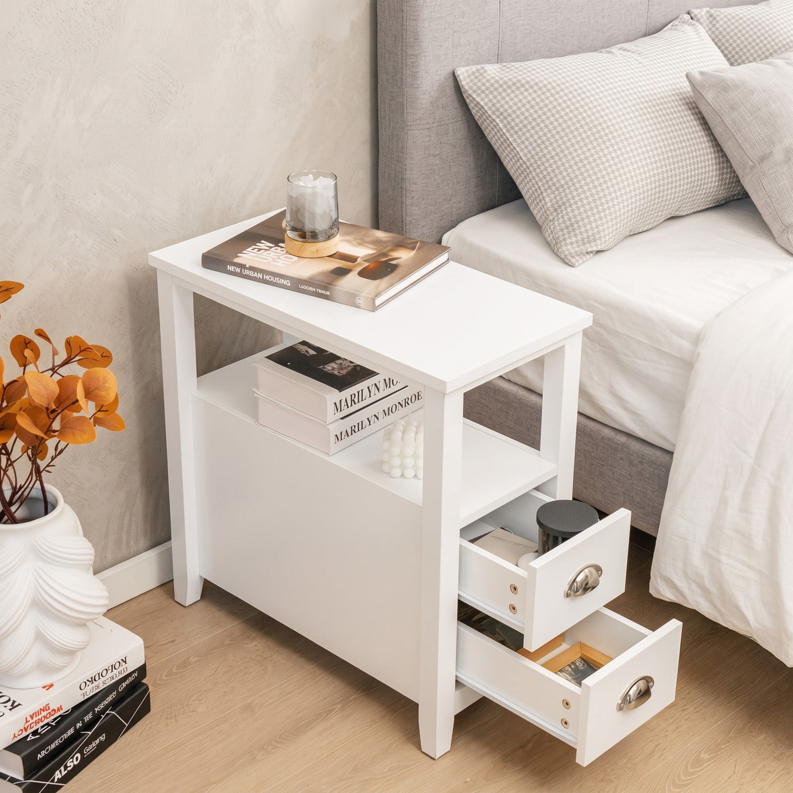 Furnibear Set of 2 Wooden Bedside Nightstands with 2 Drawers and Open Shelf for Bedroom Living Room and Guest Room, White