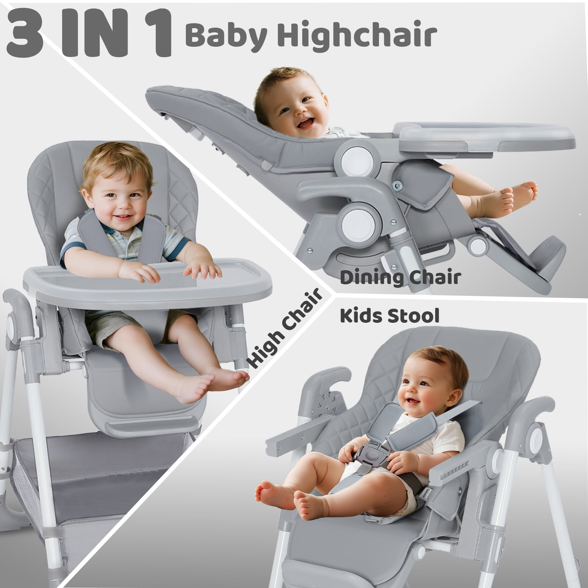AILEEKISS Foldable Baby High Chair with Wheels, Adjustable Recline Toddler Eating Chair, Grey