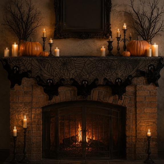 emdiqzs Halloween Mantle Scarf Bat Spiderweb Lace, Black Gothic Fireplace Cover for Spooky Home Party Decor