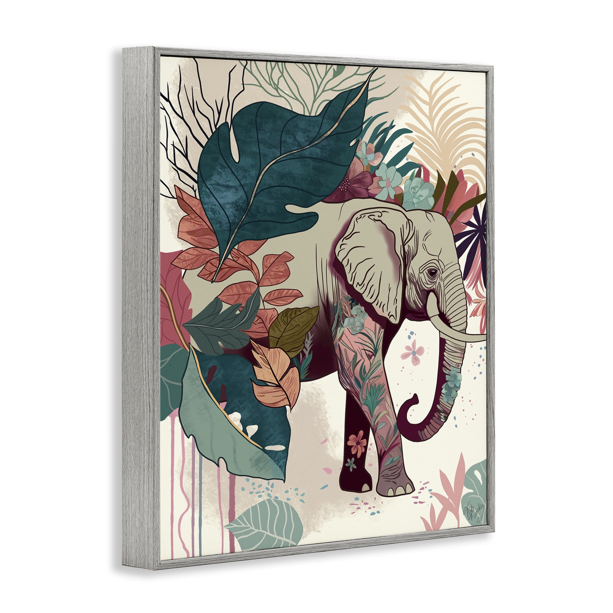 Stupell Industries Elephant & Tropical Leaves Animals & Insects Painting Gray Framed Art Print Wall Art, 11 x 14