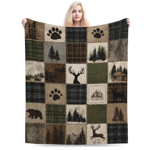 Rustic Cabin Throw Blanket Wild Animal Bear Deer Lodge, Country Hunting Wildlife Bear Deer Soft Cozy Flannel Fleece Blankets 50x40