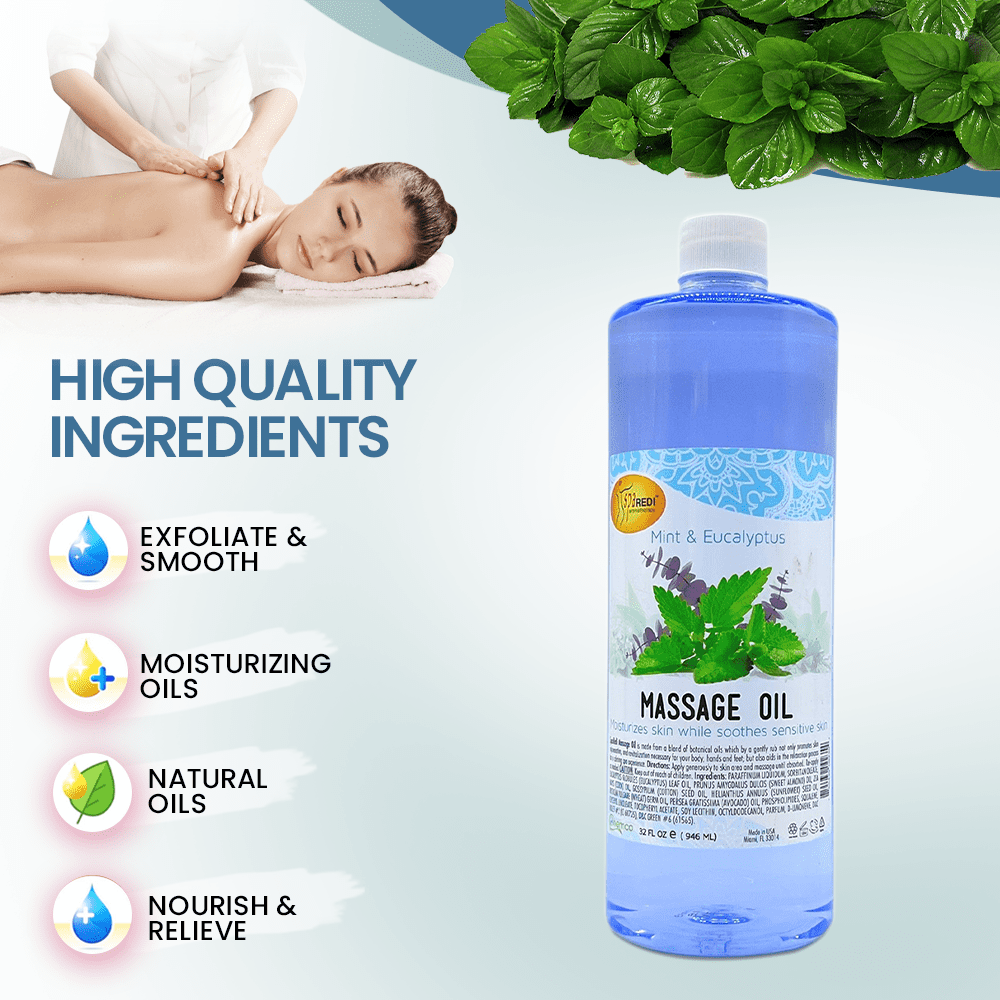SPA REDI - Massage Oil, Mint Eucalyptus, 32 Oz - Professional Full Body Massage Therapy, Manicure, Pedicure - Relax Sore Muscles and Repair Dry Skin, Enhanced with High Absorption Oils and Vitamin E