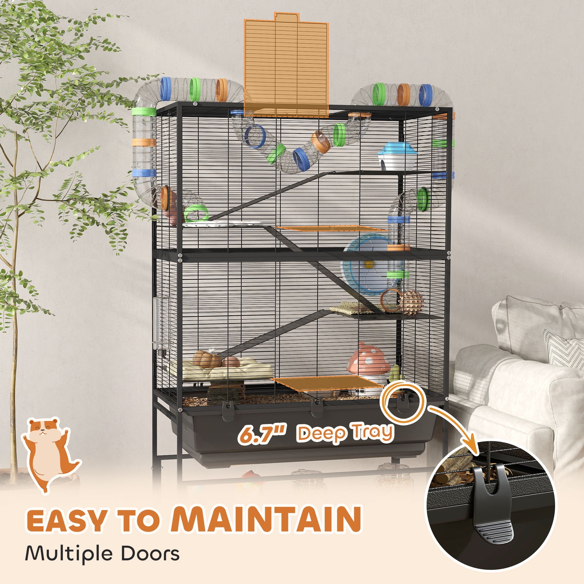 PawHut Hamster Cage, 5 Tier Rolling Rat Cage with Deep Tray, Storage Shelf, Big Exercise Wheel, Hut, Tube System, for Syrian, Gerbil, Mouse