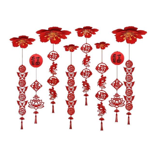 Adorno colgante de techo con borlas de fieltro rojo para decoración del Año Nuevo Lunar chino Pez