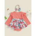 thumbnail image 4 of Caoirhny Newborn Girl Outfit, Long Sleeve Crew Neck Flower Print Romper Dress with Bowknot Headband Clothes, 4 of 9
