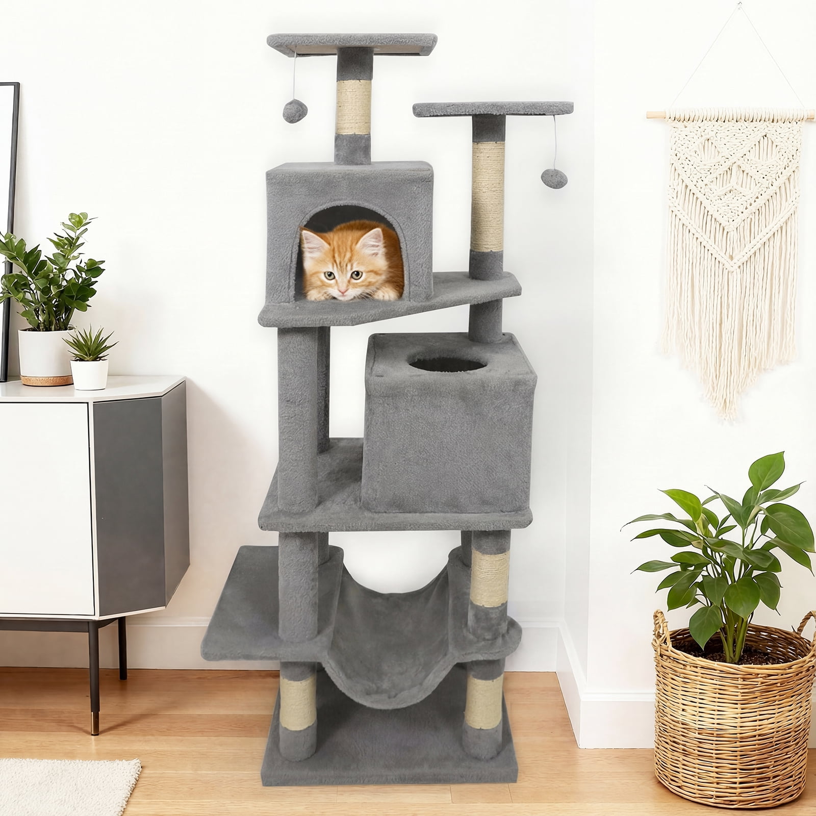 Gymax 57'' Cat Tree for Indoor Cats w/ Dual Condos Hammock Sisal Scratching Posts