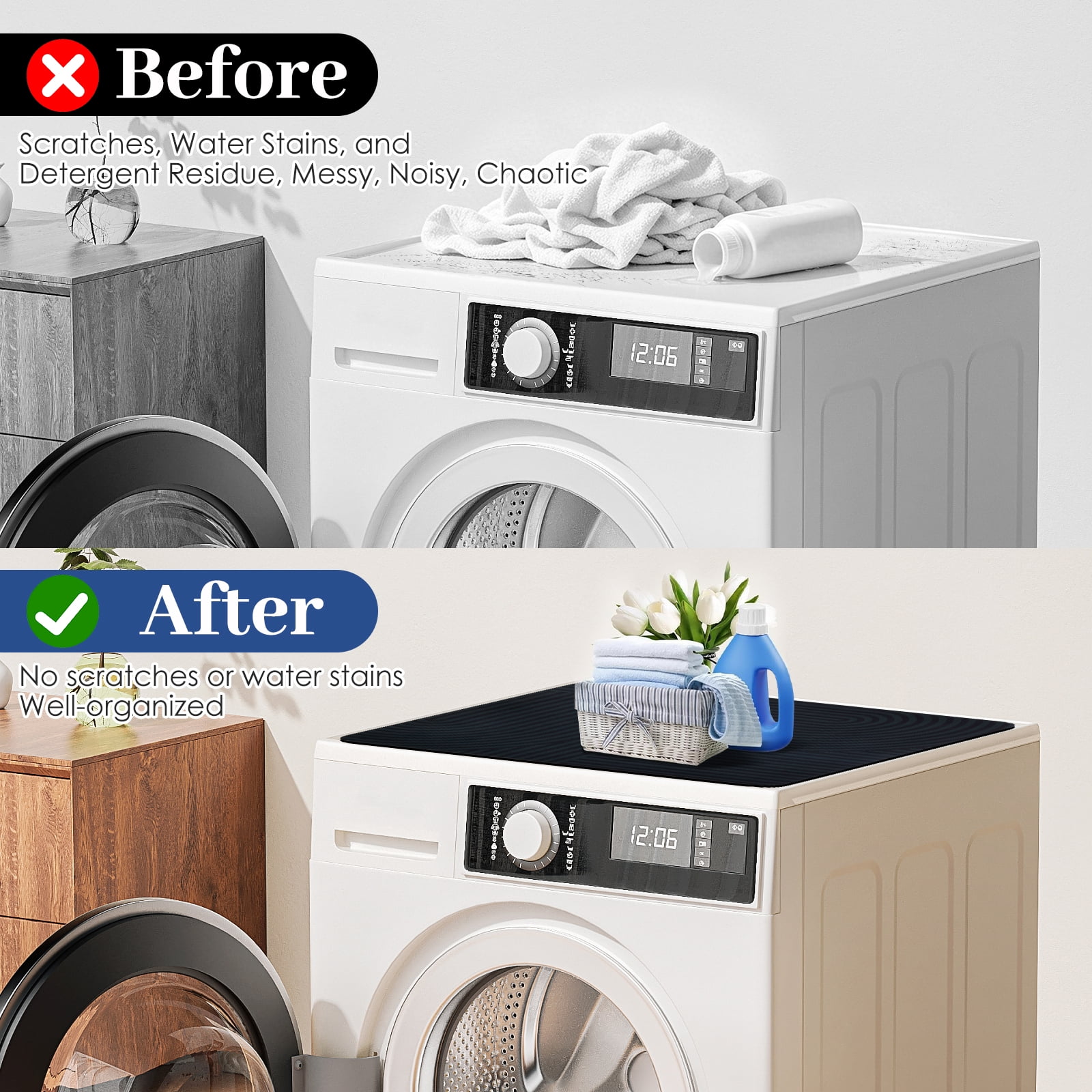 2-Pack Washer and Dryer Top Cover, 23.62" x 23.62" Diatom Mud Laundry Mat – Non-Slip Rubber Base Countertop Topper for Washer & Dryer (Black)