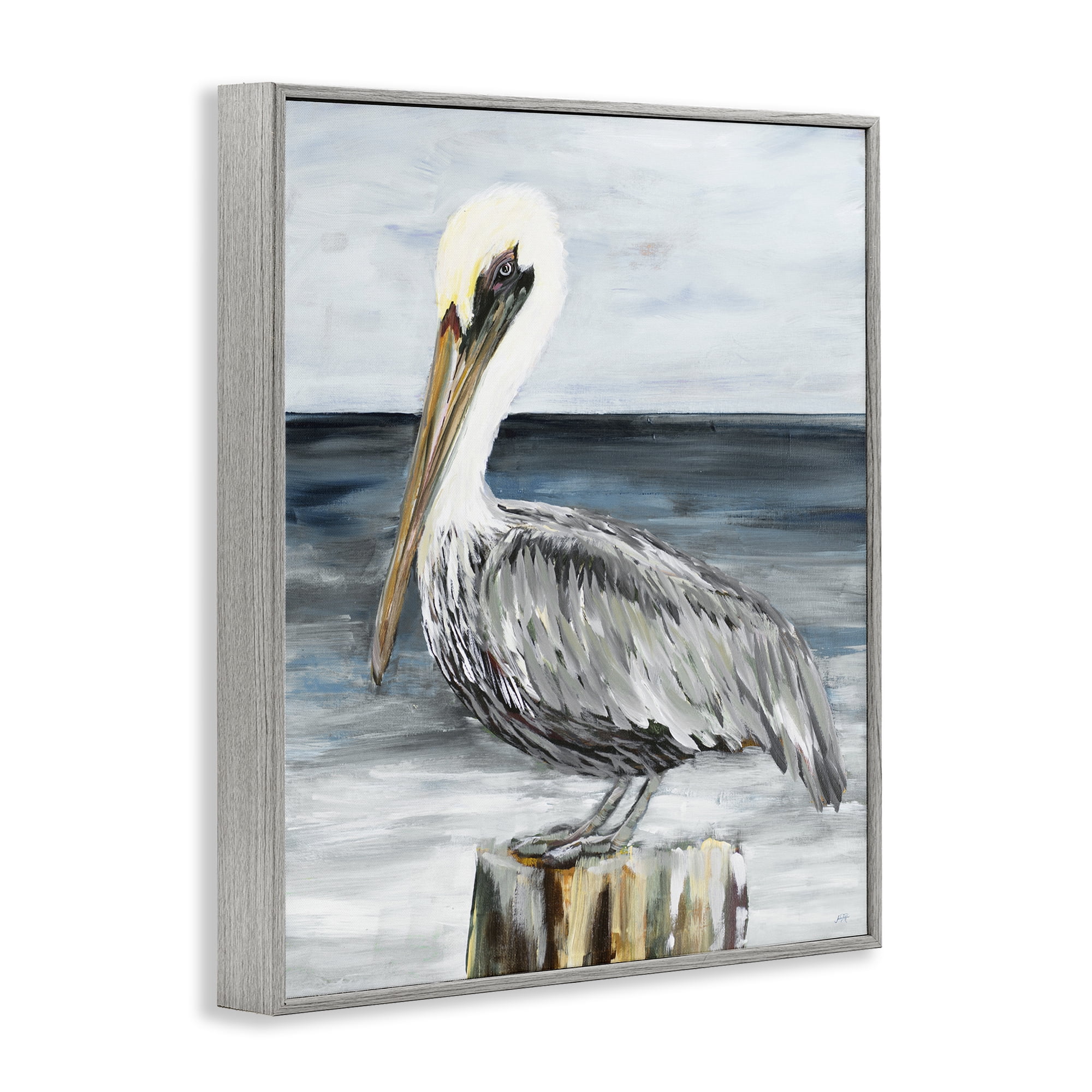 Stupell Industries Peaceful Beach Pelican Animals & Insects Painting Gray Framed Art Print Wall Art, 16 x 20
