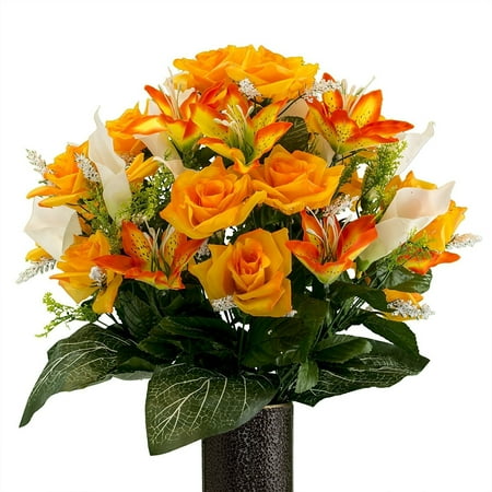 Orange Rose and Sunset Tiger Lily mix, Artificial Bouquet, featuring the Stay-In-The-Vase Design(c) Flower Holder (MD2071)