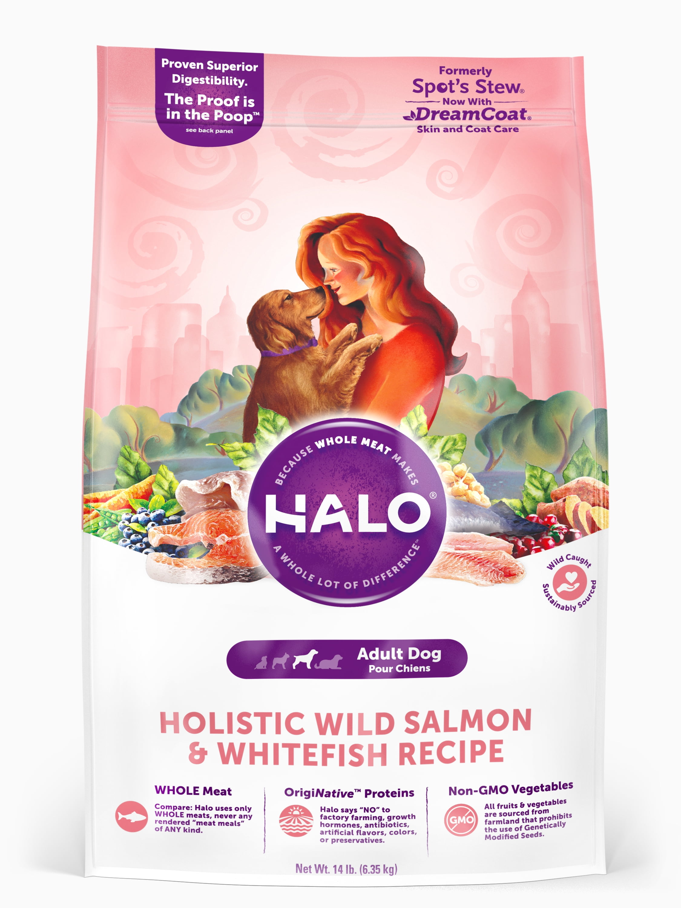 Halo Natural Dry Dog Food, Wild Salmon & Whitefish Recipe, 14Pound Bag