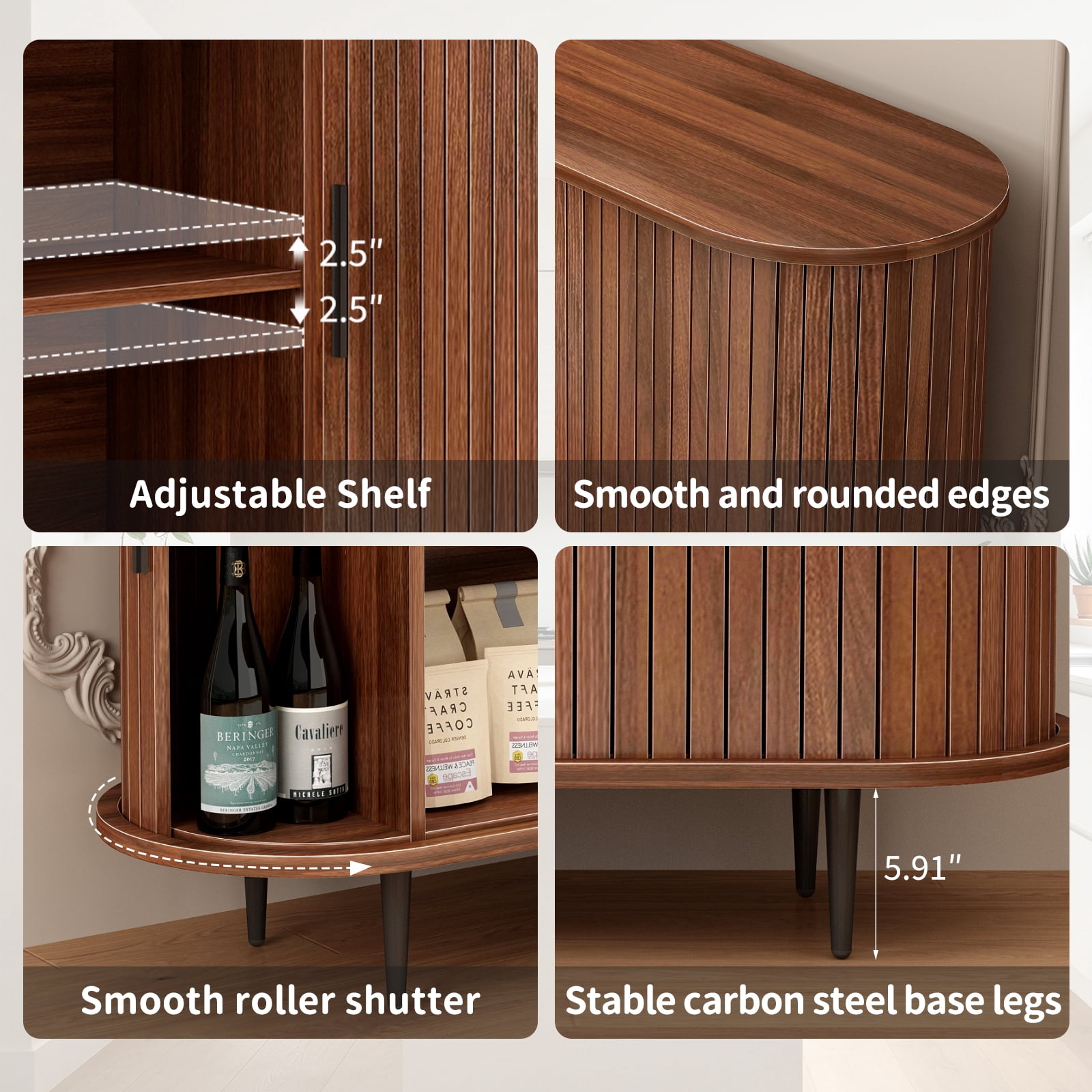 47"W x 29"H Buffet Sideboard Cabinet with Storage, Fluted Storage Accent Cabinet with Curvy Edge, Sliding Door, Credenza, Console Table for Living, Dining Room, Kitchen, Hallway