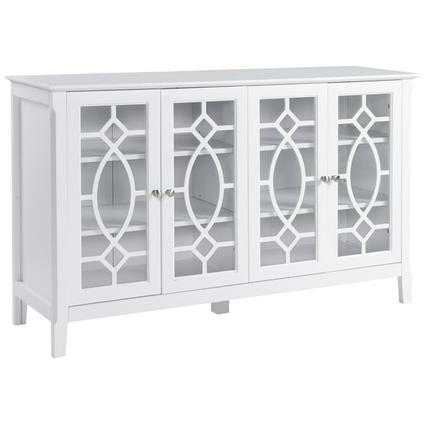 Wood Accent Sideboard Buffet Serving Storage with 4 Framed Glass Doors Entryway