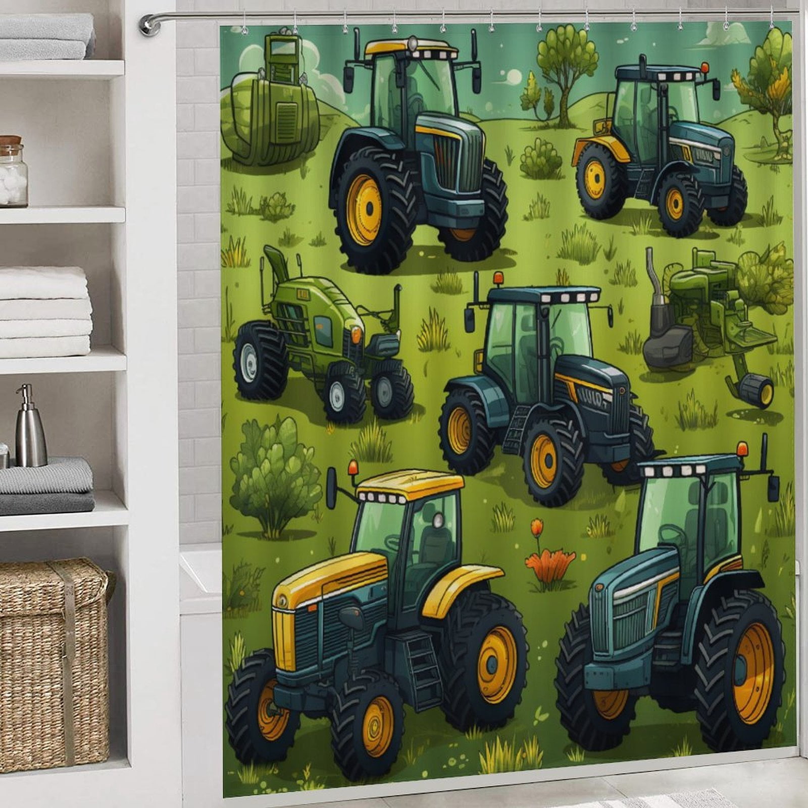 Shower Curtain 4 Piece Set Green Tractors Pattern Non-Slip Rugs And Toilet Mat Lid Rug Accessories Equipment Trucks Bathroom Decor Set with Accessories for Bathtub Decor 72inch X 72inch