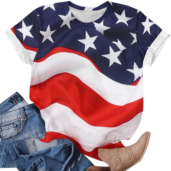 Cavosen Red White and Blue Shirts for Women Petite 4th of July Short Sleeve Round Neck Shirts USA Star Striped Print Shirts Lady XL Red White and Blue Casual Tops Patriotic Tunic Tees