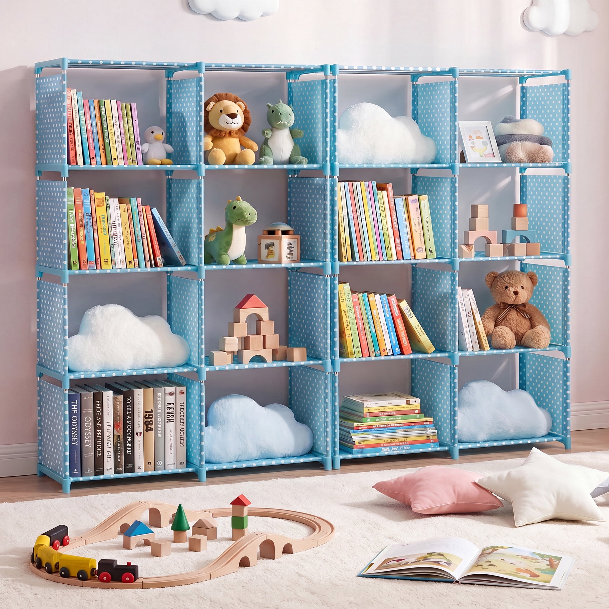 Novashion 8-Cube Portable Bookcase Organizer, Grey Blue Pink