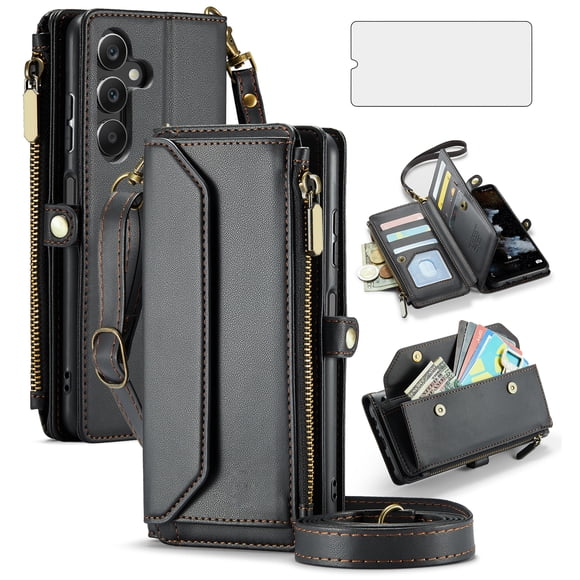 Asuwish Compatible avec Samsung Galaxy A16 5G/4G Étui Portefeuille à Fermeture Éclair pour Téléphone, Protecteur d'Écran en Verre Trempé, Bandoulière Lanière, Porte-Cartes à Rabat, Fente, Étui Cellulaire pour A 16 16A SM-A166U Femmes Noir